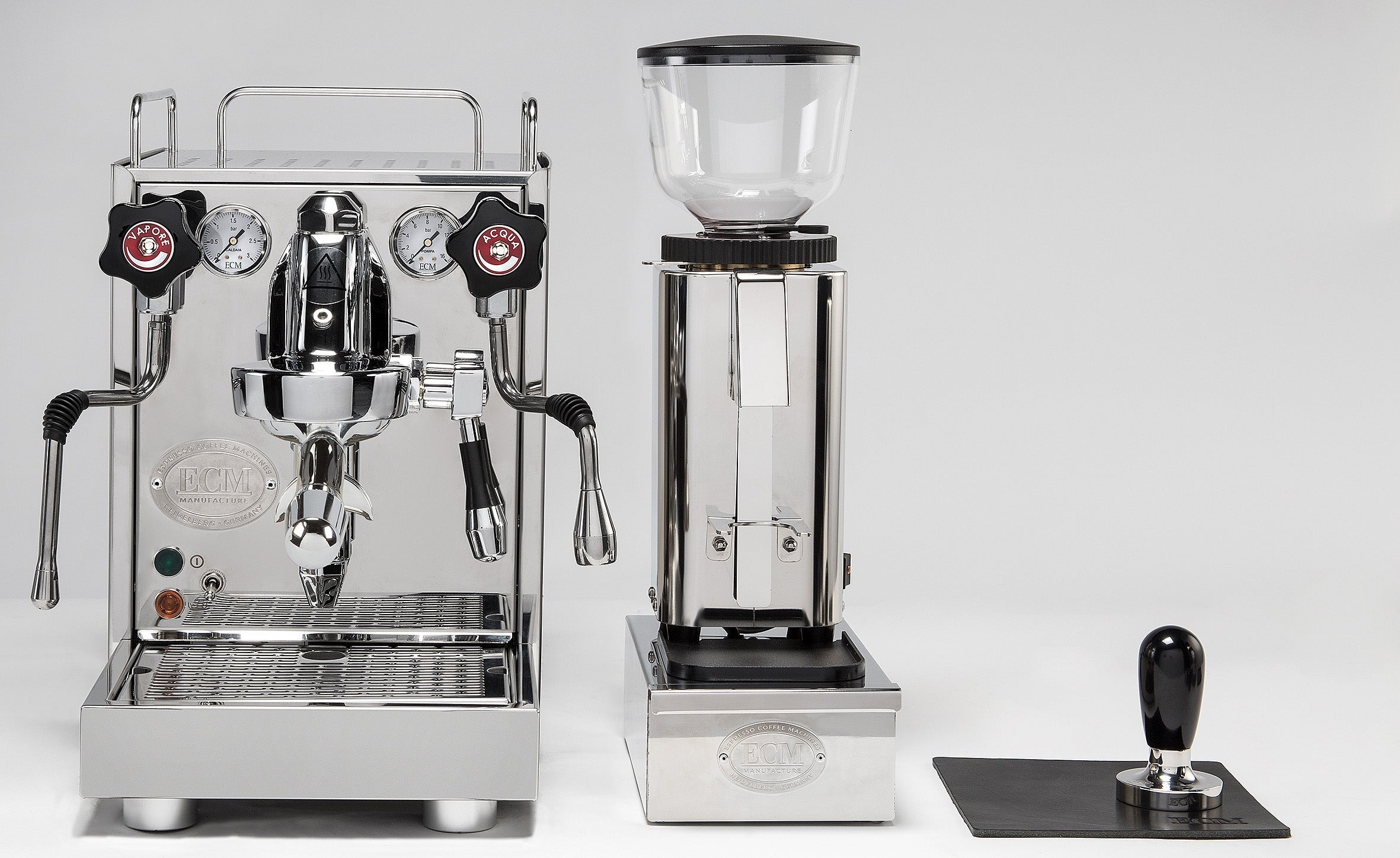 ECM Mechanika Slim VI on a bench with grinder