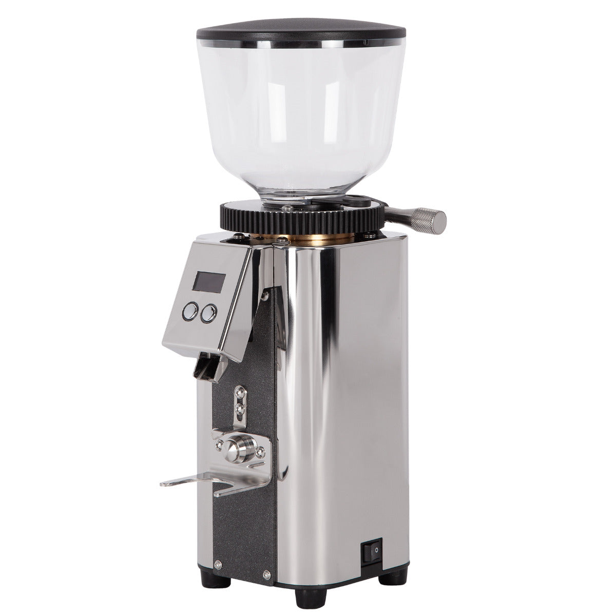 ECM C-Automatik 54 coffee grinder angled side view with portafilter cradle