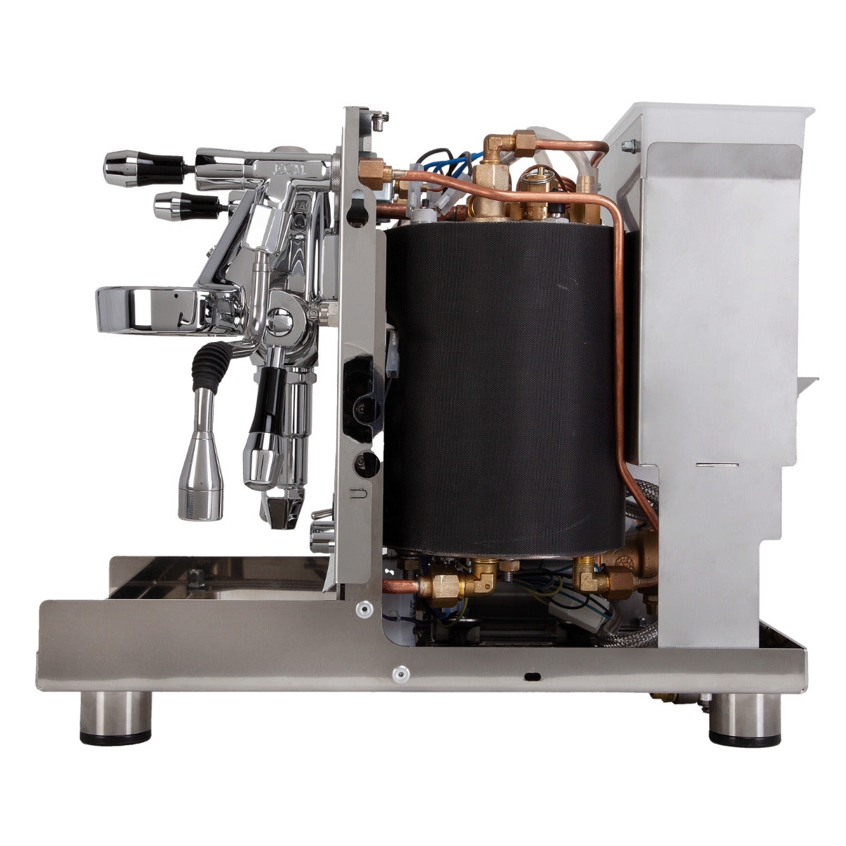 ECM Mechanika MAX rotary espresso machine side view showing internal heat exchange boiler