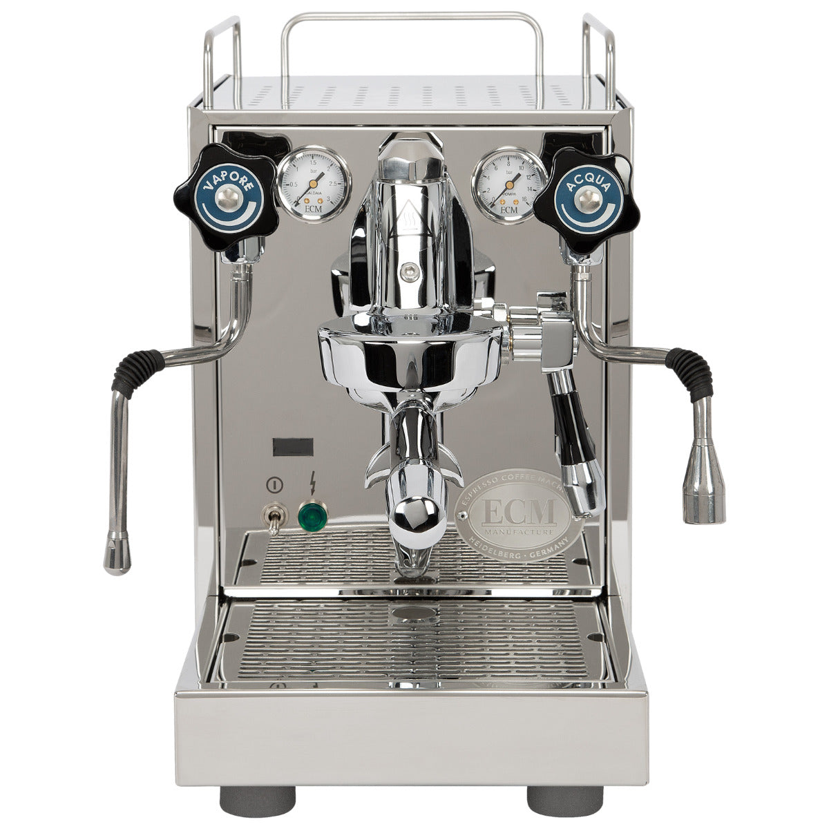 ECM Mechanika Slim Digital PID espresso machine, stainless steel, front view