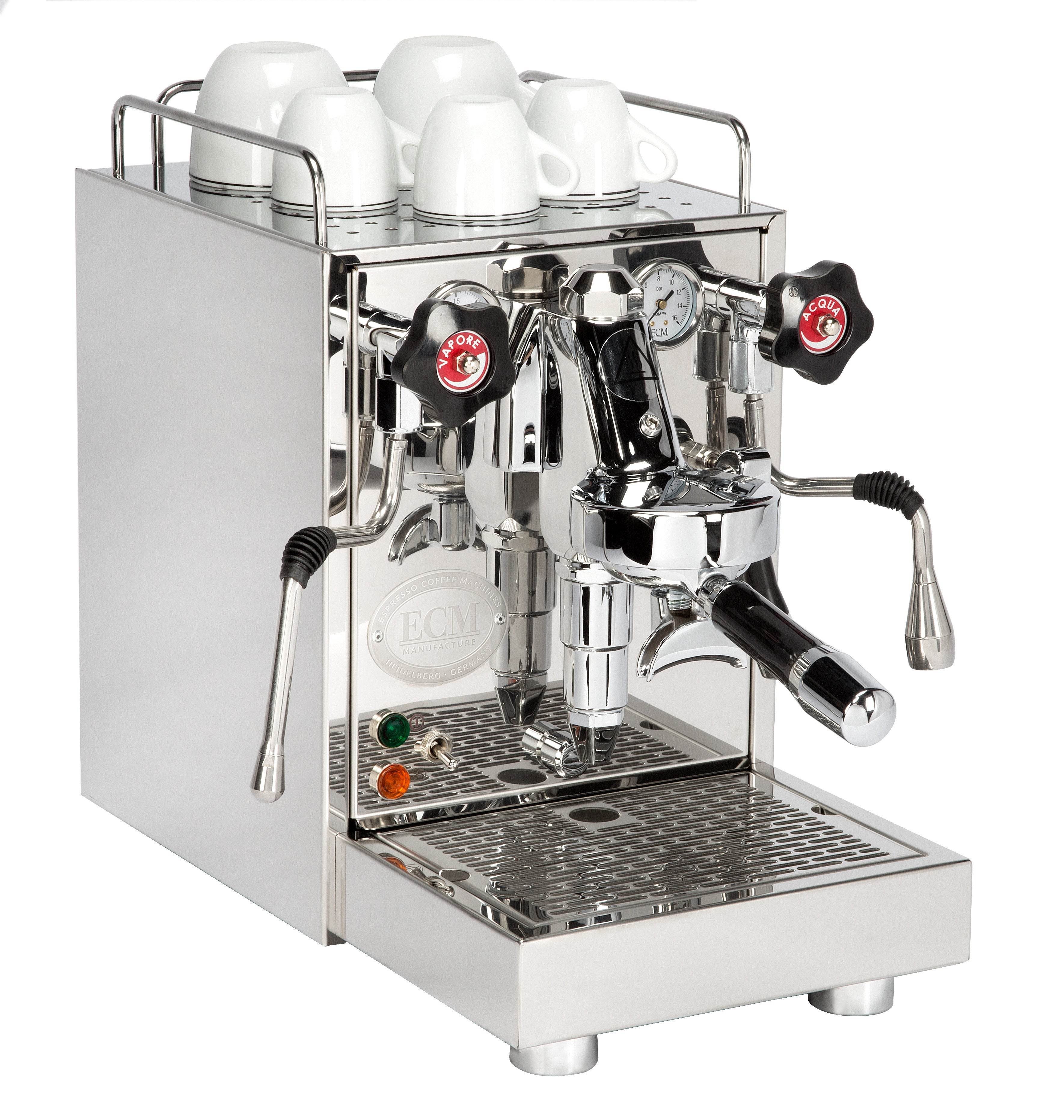 ECM Mechanika Slim VI espresso machine, angled view with cups on the cup warmer